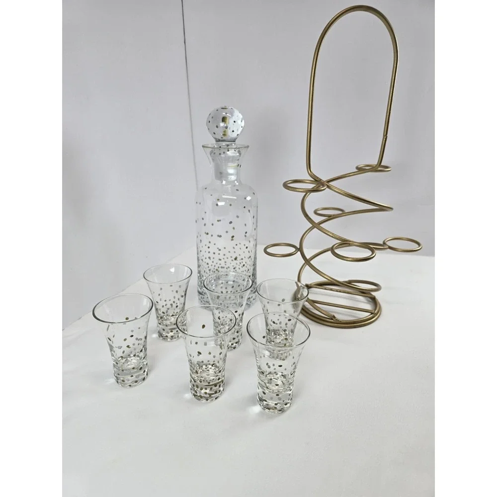 MCM Black & Gold Spots Glass Decanter Shot Glass Set Gold Caddy Barware 8 Pc